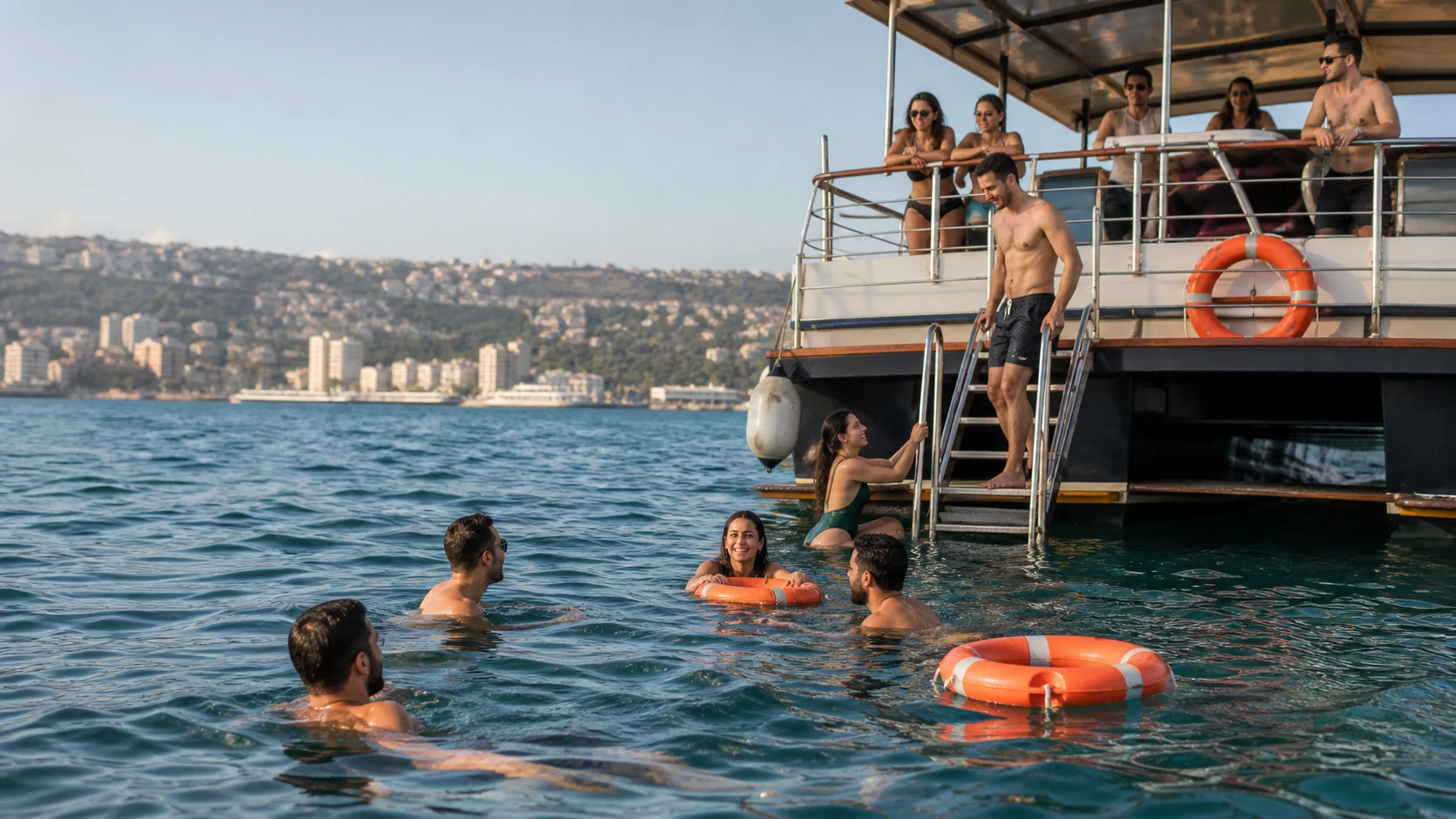 חברים יורדים בסולם ושוחים לצד הספינה בעצירה מאושרת במפרץ חיפה