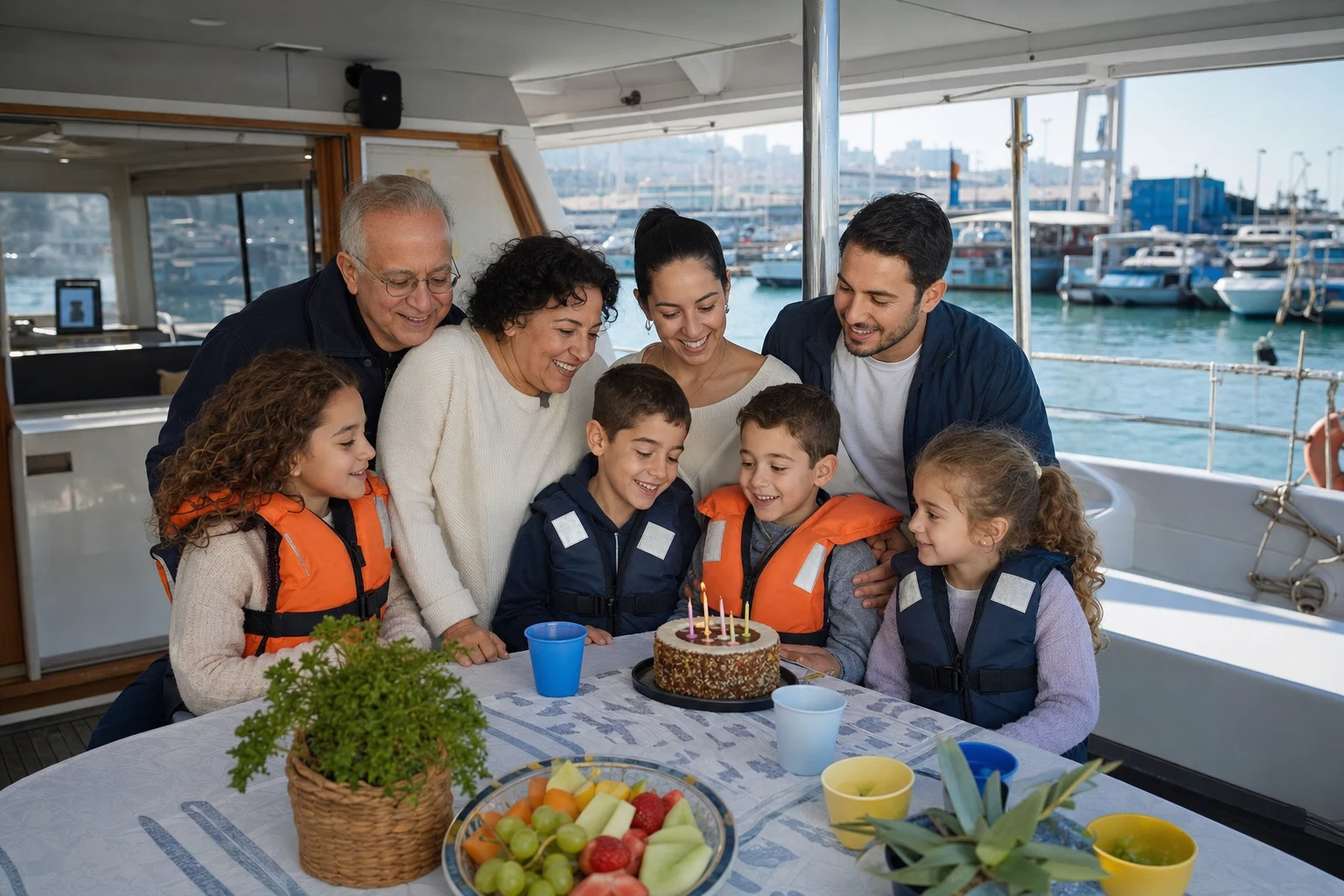 משפחה רב־דורית חוגגת סביב עוגת יום הולדת על סיפון מוצל בחיפה