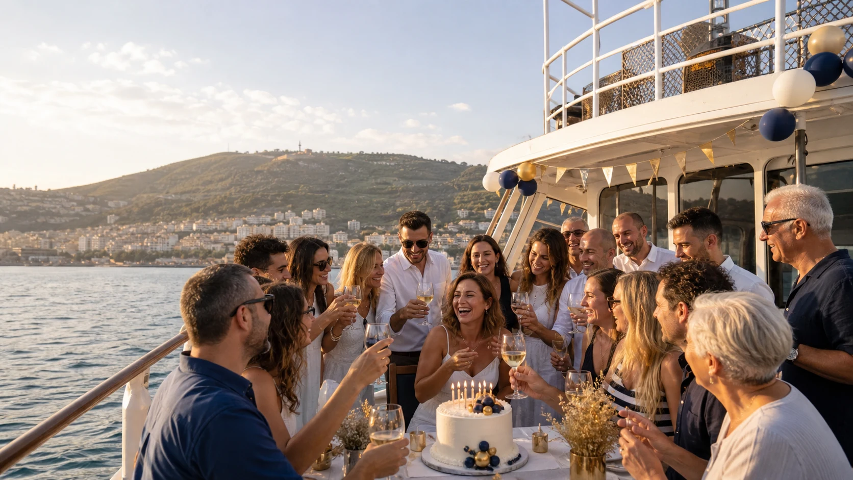 חברים ומשפחה חוגגים יום הולדת סביב עוגה על ספינת אירועים במפרץ חיפה
