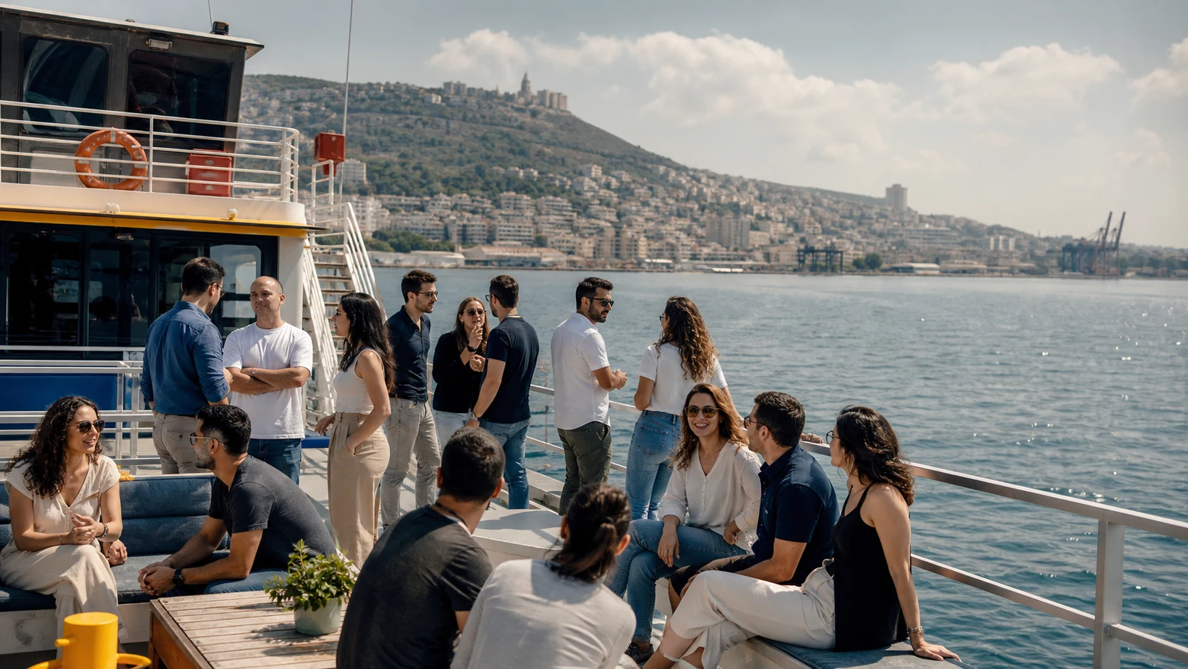 צוות עובדים משוחח בקבוצות על סיפון ספינה מול חיפה