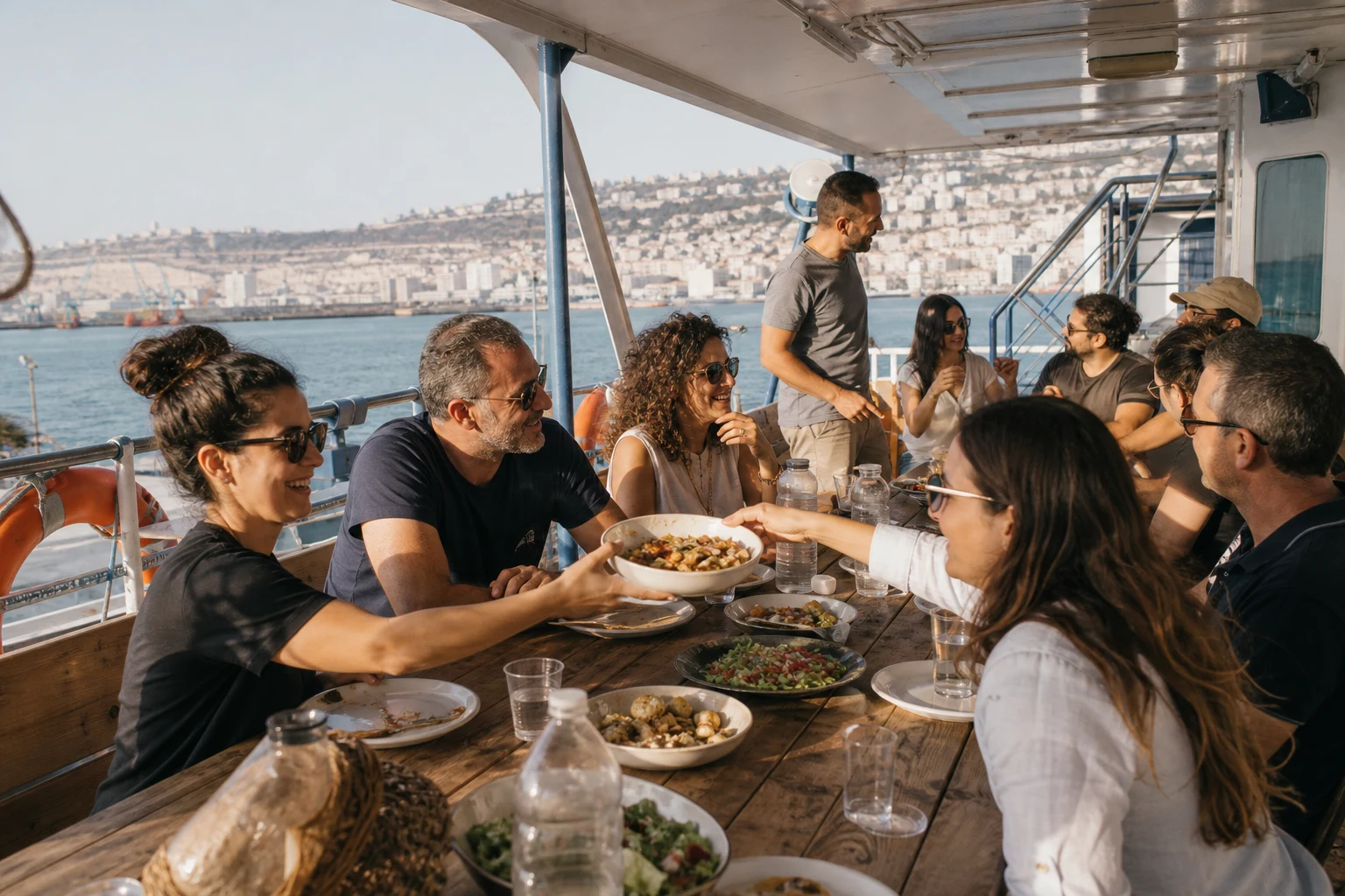 צוות עובדים יושב סביב שולחן ארוחה על סיפון הספינה בחיפה