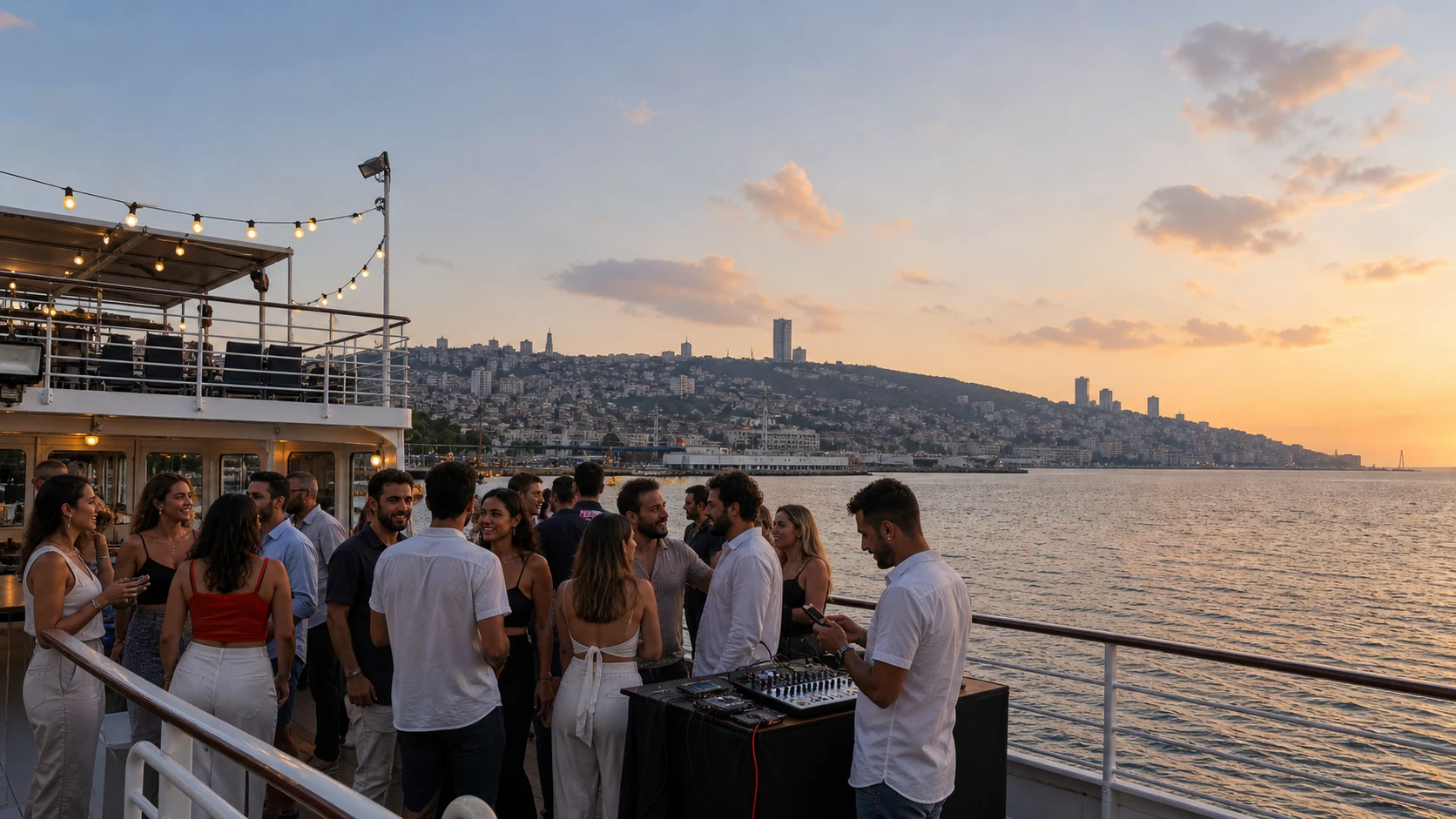 חברים חוגגים יחד על סיפון ספינת אירועים פרטית במפרץ חיפה בשעת הזהב